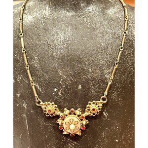CORO 1940 VICTORIAN REVIVAL GOLD RED RHINESTONE MOTHER OF PEARL PENDANT NECKLACE